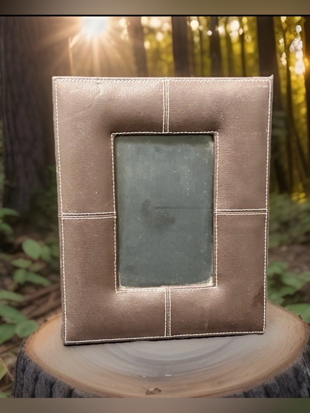 Dark Brown Faux Leather Picture Frame with White Contrast Stitching 4x6 5x7